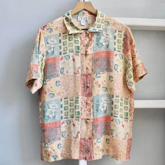 Stunt VTG Pink Cream Patchwork Floral Button-Down Short Sleeve Shirt SZ Medium - Picture 1 of 3